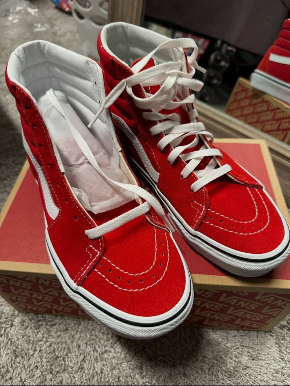 Vans Red and White High Top Skate Sneakers